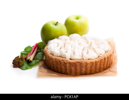 Tasty  meringue pie with rhubarb and apple isolated on white Stock Photo