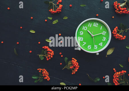 Plastic green alarm clock on dark wooden background, flat lay top view minimal composition with retro wild berry fruit arrangement Stock Photo