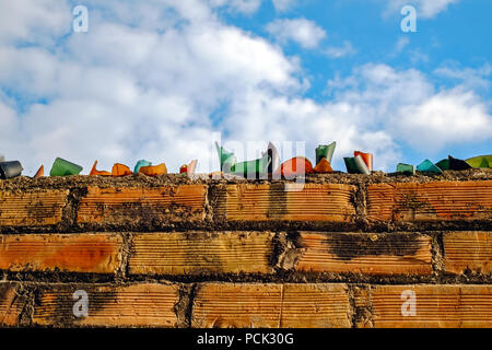 Shards of bottle glass on the brick wall Stock Photo