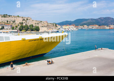 The Corsica ferries fast passenger ferry arrives at Portoferraio harbour, Elba island, Tuscany, Italy Stock Photo