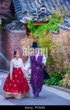 Korean couple wearing Hanbok dress in Seoul Korea Stock Photo