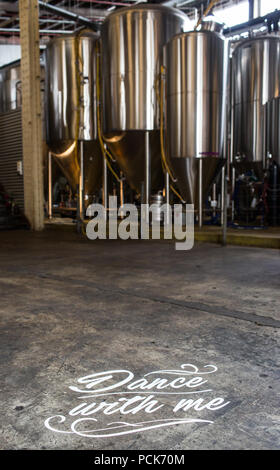 Dance With Me floor sticker at a wedding in Mountain Goat Brewery, Melbourne, Australia Stock Photo