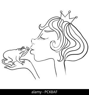 Young princess kisses unhappy frog. Frog does not want to kiss the girl. Stock Vector