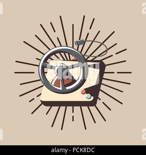 Video Game Steering Wheel with decorative sunburst over brown background, colorful design. vector illustration Stock Vector