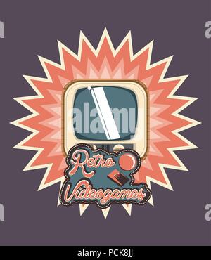 retro videogames design with burst with retro television icon over purple background, colorful design. vector illustration Stock Vector