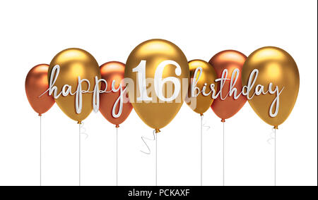 Happy 16th birthday gold balloon greeting background. 3D Rendering Stock Photo