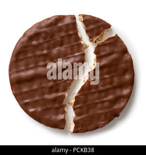 Broken chocolate rice cake isolated on white from above. Stock Photo