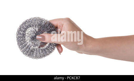 metal sponge for utensils in a female hand on white isolated background Stock Photo