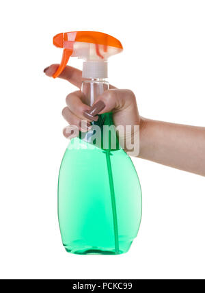 detergent with sprayer in hand on white isolated background Stock Photo