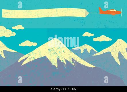 Airplane advertising in the mountains An airplane with blank advertising banner flying over snow capped mountains in the background. Stock Vector