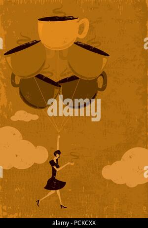 Caffeine High A woman floating in the air from a caffeine high. The woman and coffee cup balloons are on a separate labeled layer from the background. Stock Vector
