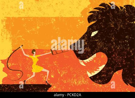 Lion Tamer A lion tamer cracking her whip at a large lion head over an abstract background. Stock Vector