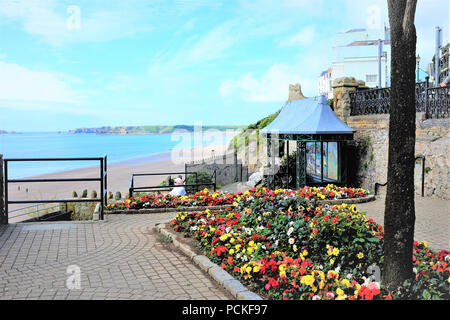 Tenby, Pembrokeshire, South Wales, UK. July 24, 2018.  The colorful Esplanade gardens overlooking the bay and South beach at Tenby in South Wales, UK. Stock Photo