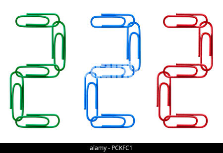 Multi-colored figures from paper clips isolated on white background. Number two. Stock Photo
