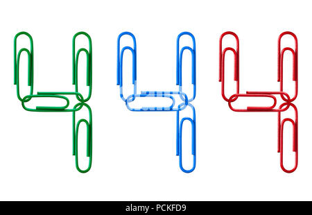 Multi-colored figures from paper clips isolated on white background. Number four. Stock Photo