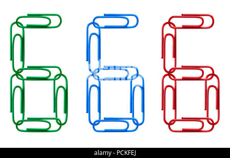 Multi-colored figures from paper clips isolated on white background. Number six. Stock Photo