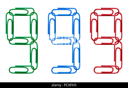 Multi-colored figures from paper clips isolated on white background. Number nine. Stock Photo