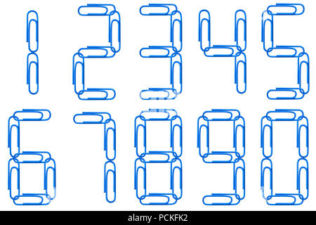 Multi-colored figures from paper clips isolated on white background. Blue numbers. Stock Photo