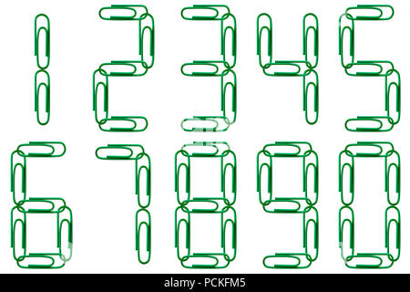 Multi-colored figures from paper clips isolated on white background. Green numbers. Stock Photo