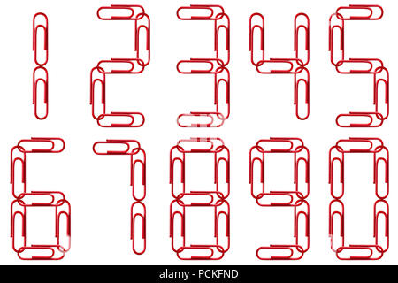 Multi-colored figures from paper clips isolated on white background. Red numbers. Stock Photo