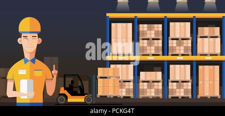 Warehouse Manager or worker in warehouse interior with goods, pallet trucks and container package boxes. Flat vector Stock Vector