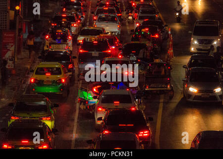 Bangkok, Thailand - April 30, 2018: Cars trapped in the night traffic of Bangkok Stock Photo