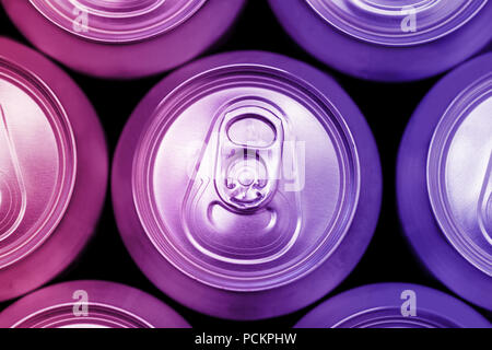 Colorful energy soda drinks cans overhead view Stock Photo