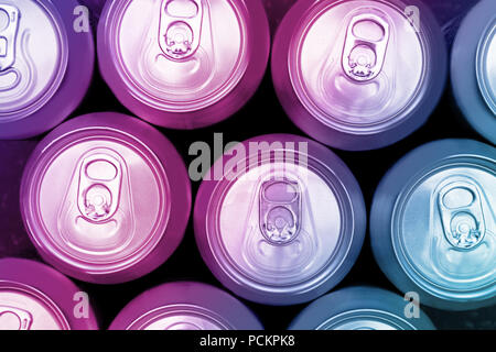 Colorful energy soda drinks cans overhead view Stock Photo