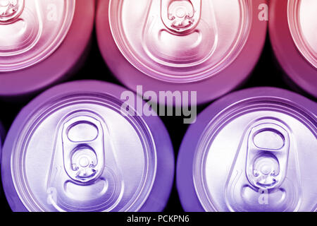 Colorful energy soda drinks cans overhead view Stock Photo