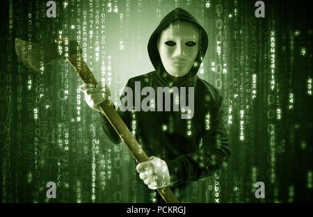 Masked and armed anonymous hacker breaking in cyber security cloud data concept  Stock Photo