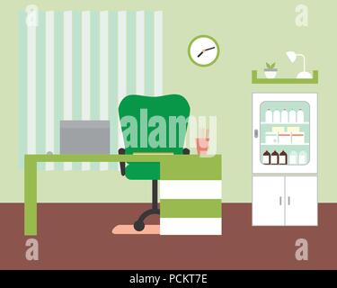 Office or doctor's office with table and chair, laptop and medicine box with clock and shelf on green wall with blinds - vector Stock Vector