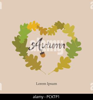 Autumn heart frame card. Autumn wreath of oak leaves background. Vector EPS 10 Stock Vector