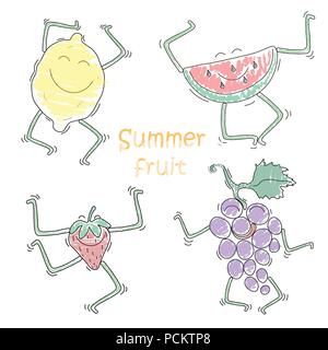 Funny dancing fruit doodle. Lemon, watermelon, strawberries, grapes. Comic character. Vector EPS 10 Stock Vector