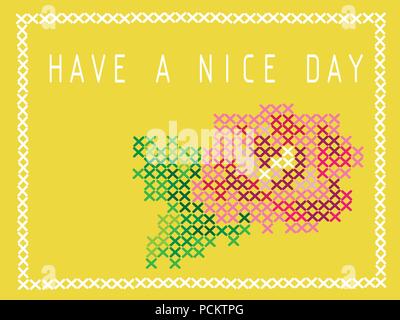 Postcard with imitation cross stitch. Bud of a pink rose. Have a nice day. Vector EPS 10 Stock Vector