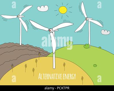 Wind generator and green meadows. Green energy and alternative energy generators. Summer rural landscape doodle. Vector EPS 10 Stock Vector
