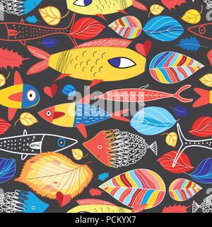 Seamless multi-colored autumn pattern of fish and foliage. Example for web poster design. Stock Vector