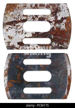 Rusty blade of an old carpenter's plane. Isolated on white studio macro set Stock Photo