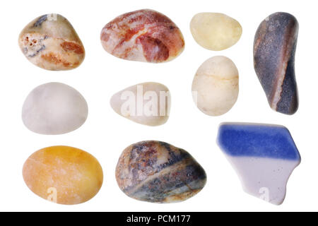 Ten miniature sea pebbles from the coast of the Baltic Sea. Isolated on white studio macro set Stock Photo