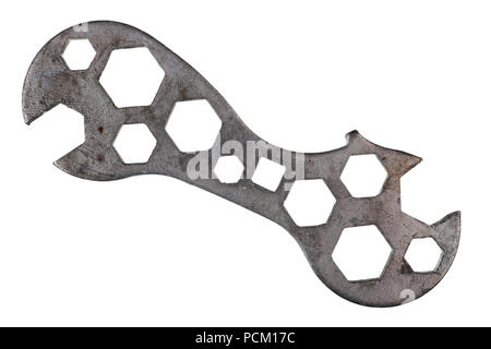 A vintage multitool was used to repair a bicycle. Isolated on white studio macro shot Stock Photo