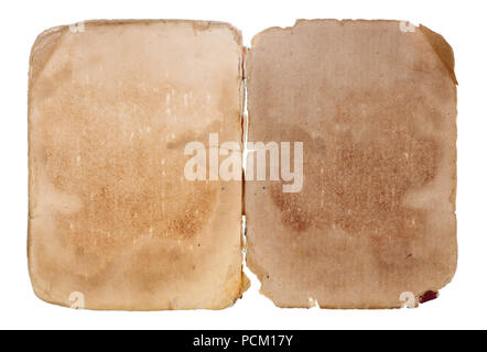 Opened  cover of the old aged used  dirty  book. Isolated on white studio macro shot Stock Photo