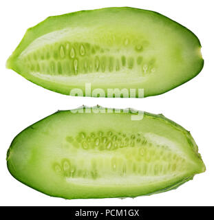Two halves of a real fresh small  short green European cucumber. Isolated on white studio macro shot Stock Photo