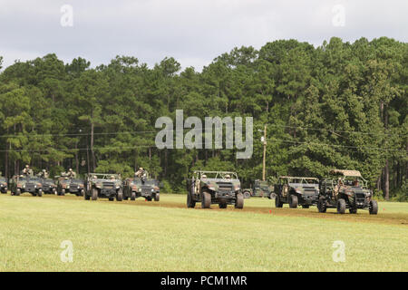 U.S. Army tactical vehicles cross Pike Field during pass in review on Fort Bragg, North Carolina, Aug. 2, 2018.  The ceremony honored Maj. Gen. Michael Kurilla, the outgoing division commanding general, and welcomed Maj. Gen. James Mingus, the incoming commanding general. (U.S. Army photo by Sgt. Michelle U. Blesam) Stock Photo