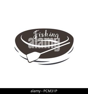 Rubber boat with paddle. Black and white logo. Vector illustration. Fishing. Stock Vector