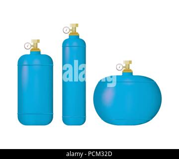 A set of blue medical oxygen cylinders. Vector illustration of the O2. Stock Vector