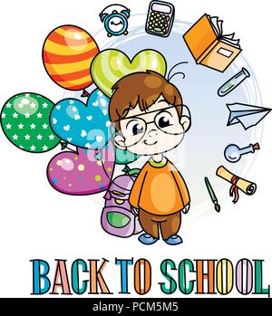 Welcome back to school. Cute school kid ready to education. Design element for print, t-shirt, poster, card, banner. Vector illustration Stock Vector