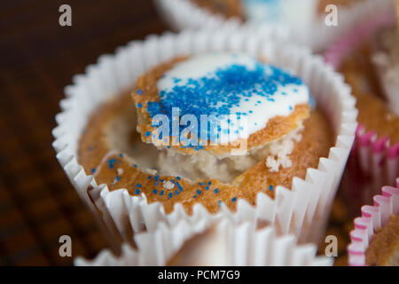 Homemade vanilla cupcakes with a chocolate coated strawberry and icing. Stock Photo