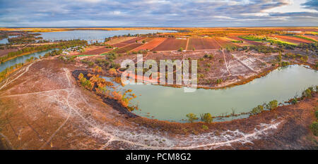 Aerial panorama of Murray River and vineyards of Kingston on Murray, in Riverland region of South Australia Stock Photo