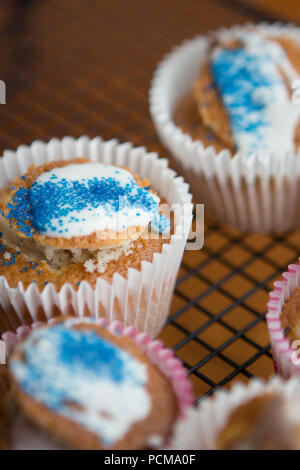 Homemade vanilla cupcakes with a chocolate coated strawberry and icing. Stock Photo