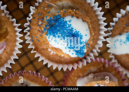 Homemade vanilla cupcakes with a chocolate coated strawberry and icing. Stock Photo