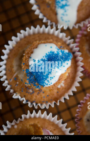 Homemade vanilla cupcakes with a chocolate coated strawberry and icing. Stock Photo